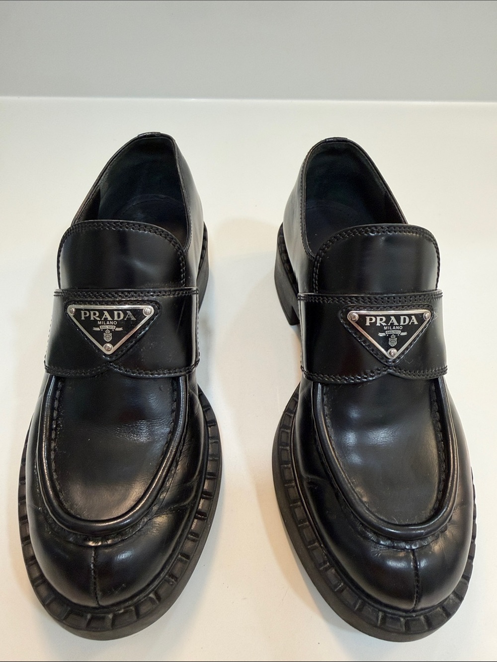 Prada Black Leather Lug-Sole Penny Loafers - Picture 4 of 7